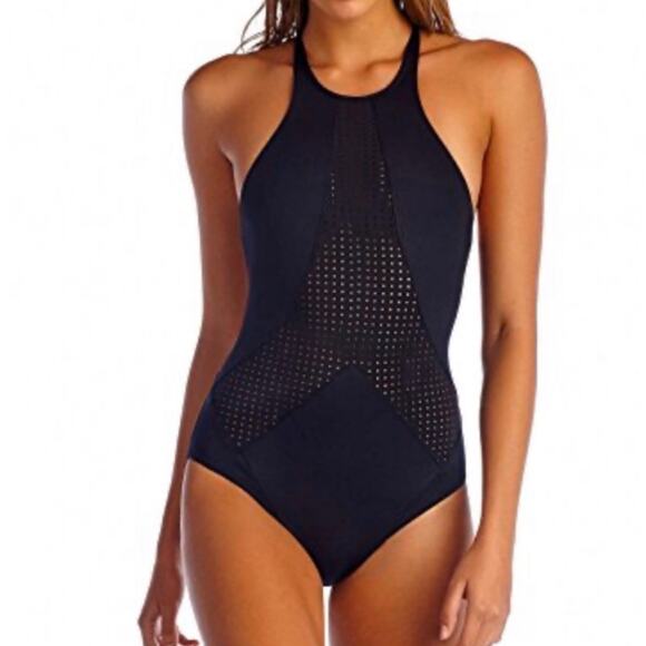 Vitamin A Perforated Black Lace Up Back One Piece Swimsuit S - Picture 1 of 9